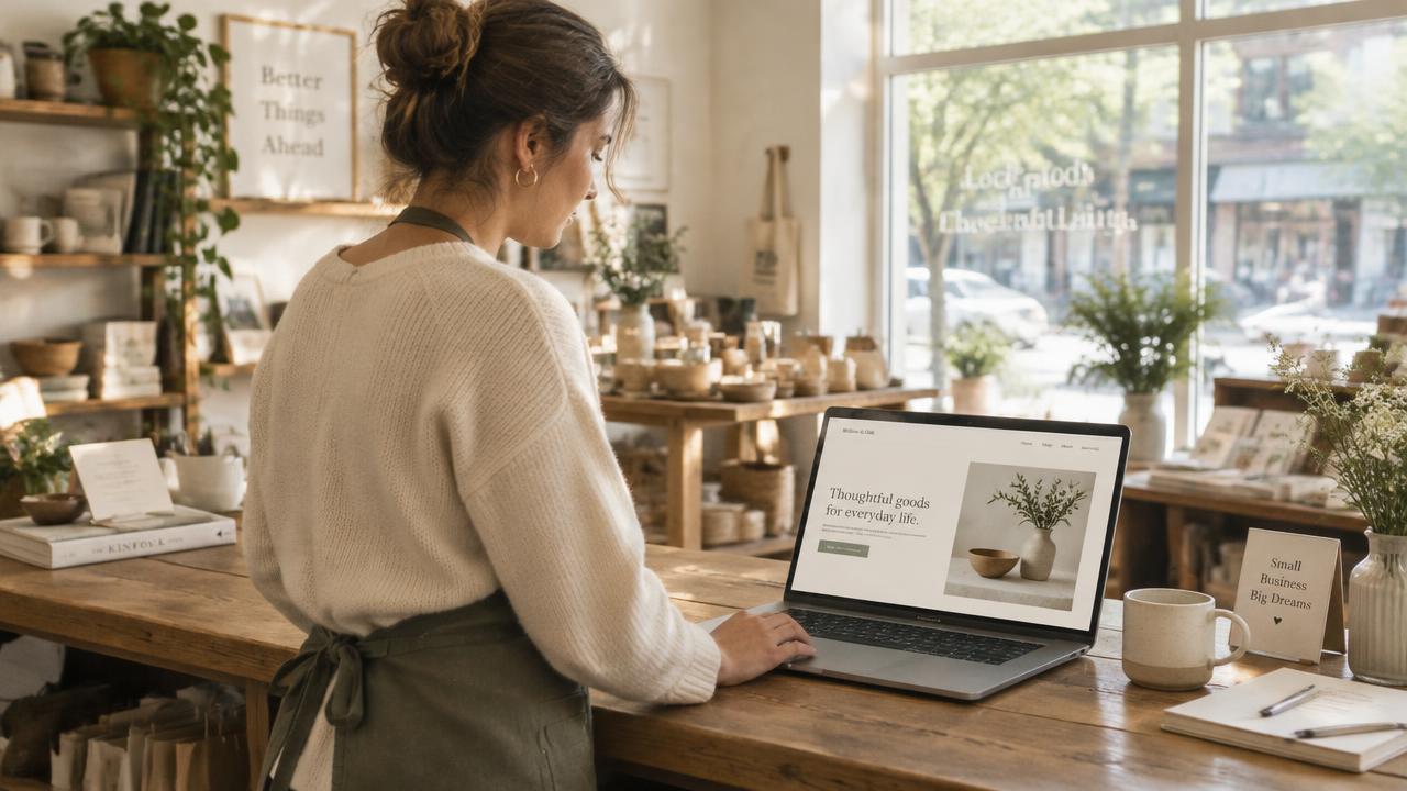 A shop owner at the counter of a sunlit shop, checking their website on a laptop