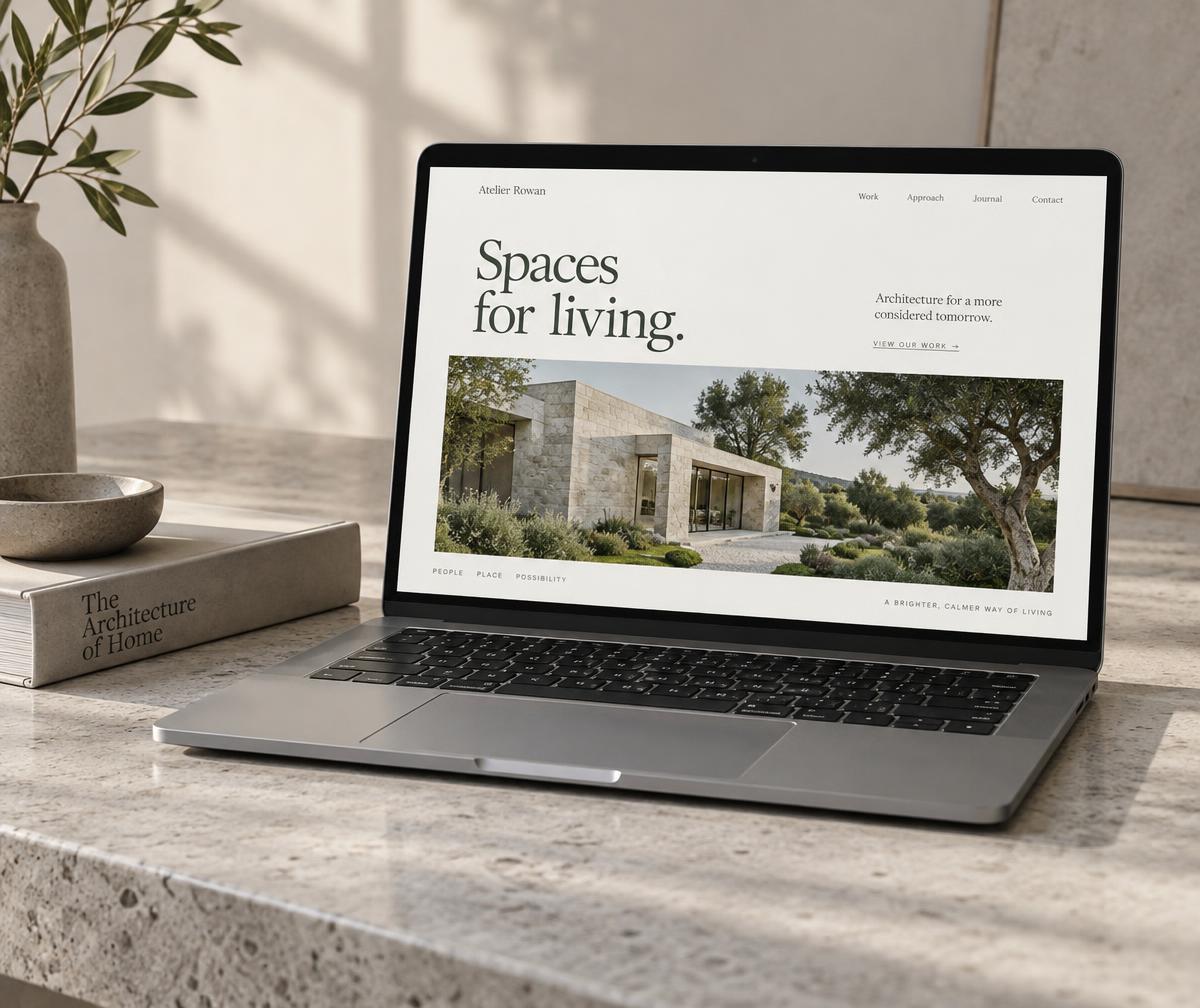 A website design concept displayed on a laptop in a sunlit studio